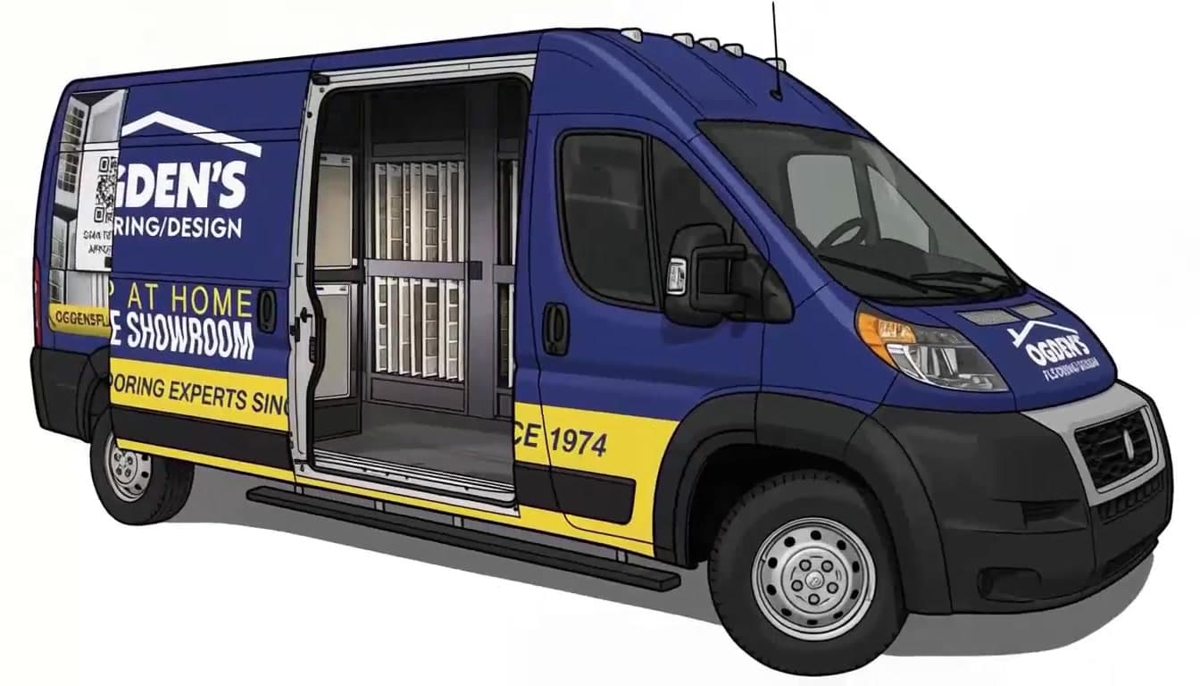 Ogden’s mobile flooring showroom van with its side door open