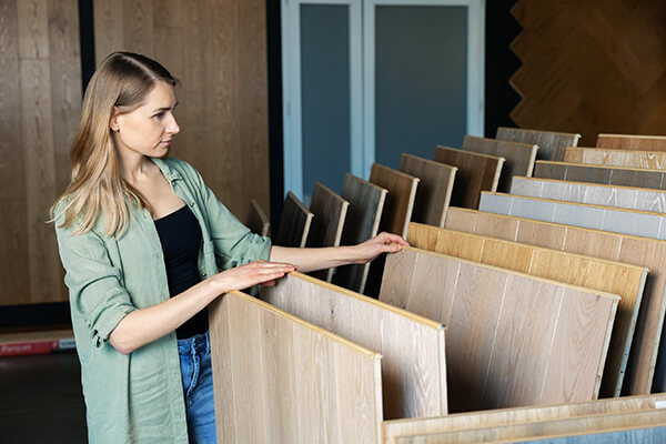 Woman shopping for wood flooring in a flooring store